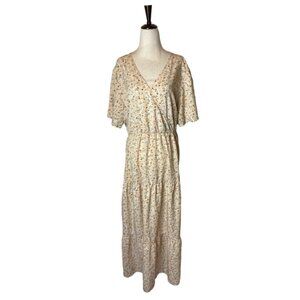Kojooin Ivory And Orange Floral Print V Neck Tiered Hem‎ Maxi Dress Size 2XL